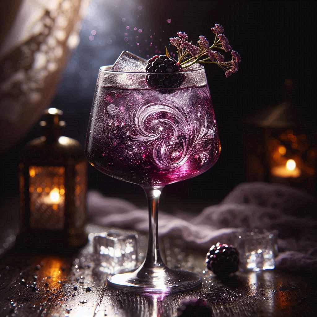 The Fate of Ophelia

Prompt:
A tall glass filled with a deep purple blackberry gin cocktail, swirling with silver edible shimmer. Crushed ice catching soft moonlight. Dramatic, romantic lighting. A single blackberry and a tiny wildflower as garnish. Soft-focus background of vintage lace curtains and candlelight. Cinematic, poetic, dark romanticism, ethereal mood.