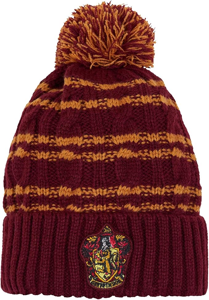 Harry Potter Gryffindor Knitted Hat - Cuffed Beanie Hat with Embroidered Crest & Pom Pom - Burgundy & Yellow Warm Winter Accessory for Fans & Collectors - Adults and Teens