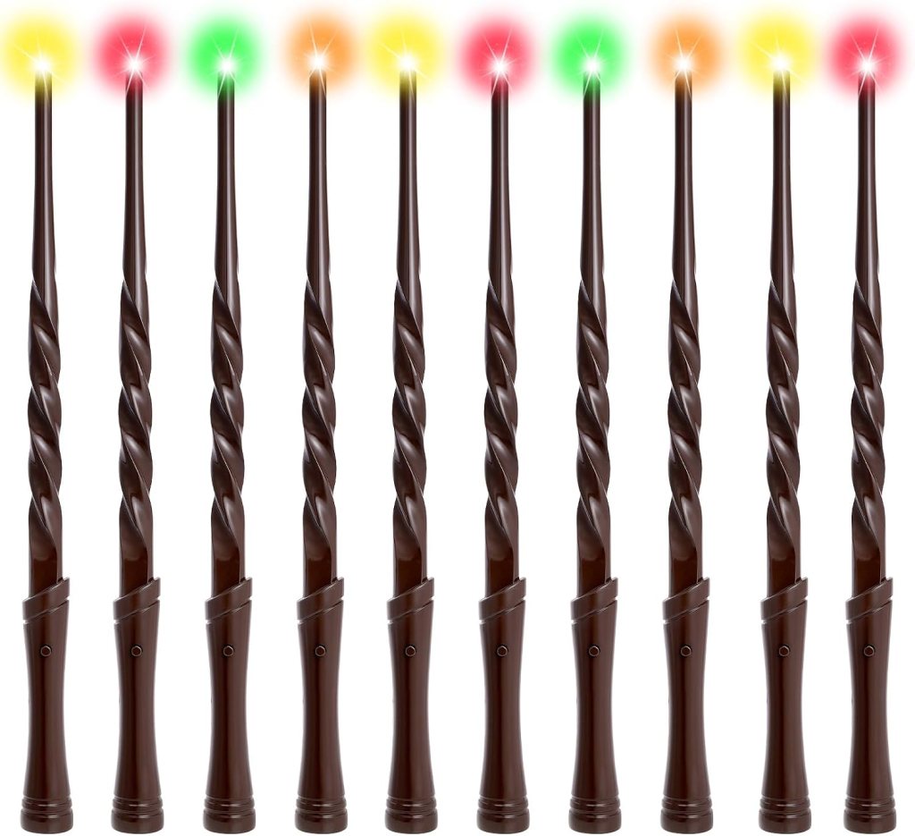 Light Up Magic Wizard Wands with Sounds & Color Lights – 10PCS Illuminating Witch Wand Sorcerer Cosplay Accessories and Birthday Party Favor Toy Set for Kids Halloween Events, Brown